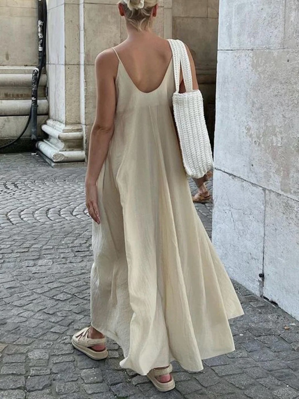 Commense Apricot Light Beige Flowy Maxi Dress Relaxed V-Neck Small NWT - Picture 2 of 11